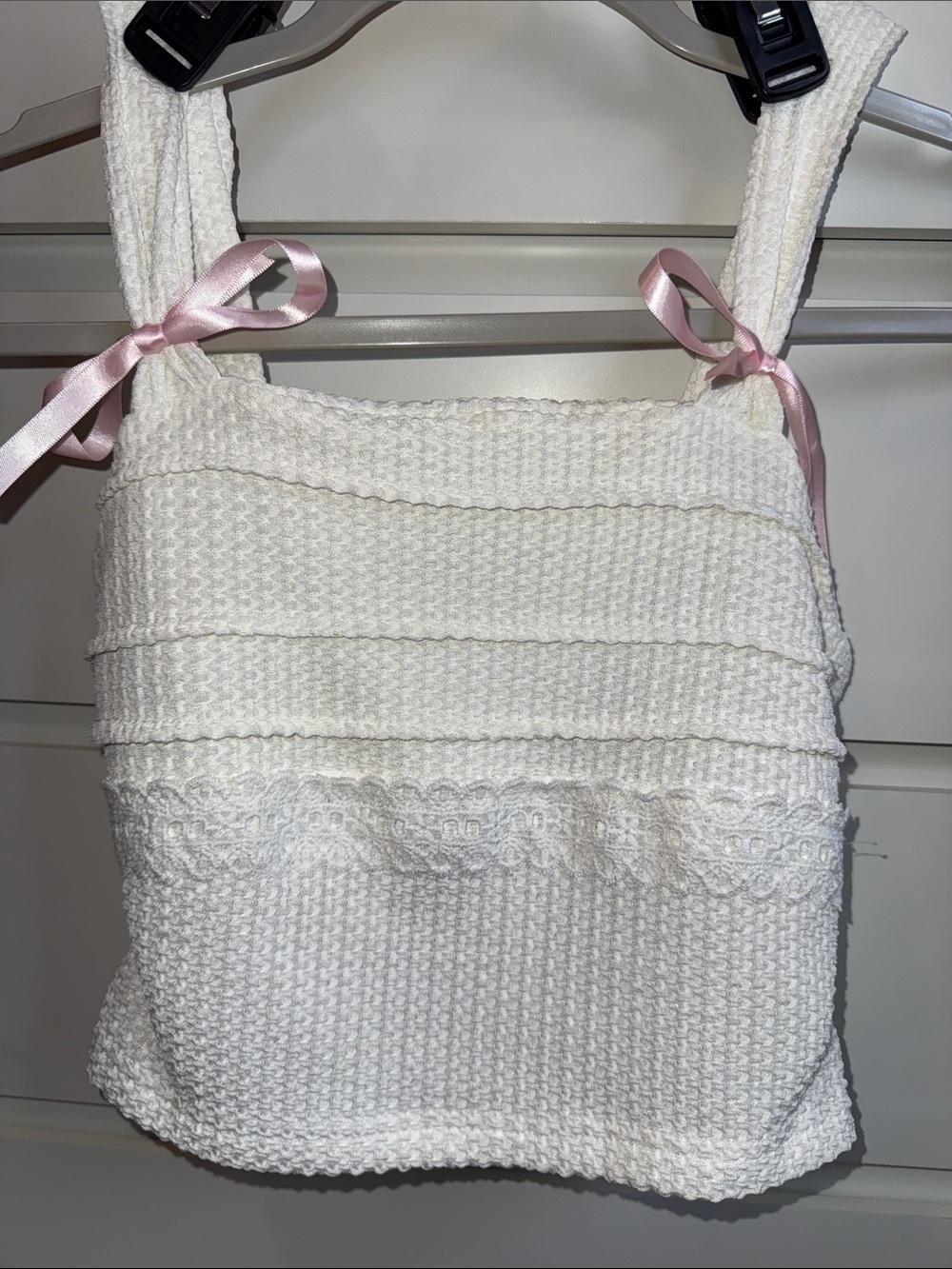 White Textured Knit Tank with Pink Ribbon Straps Coquette